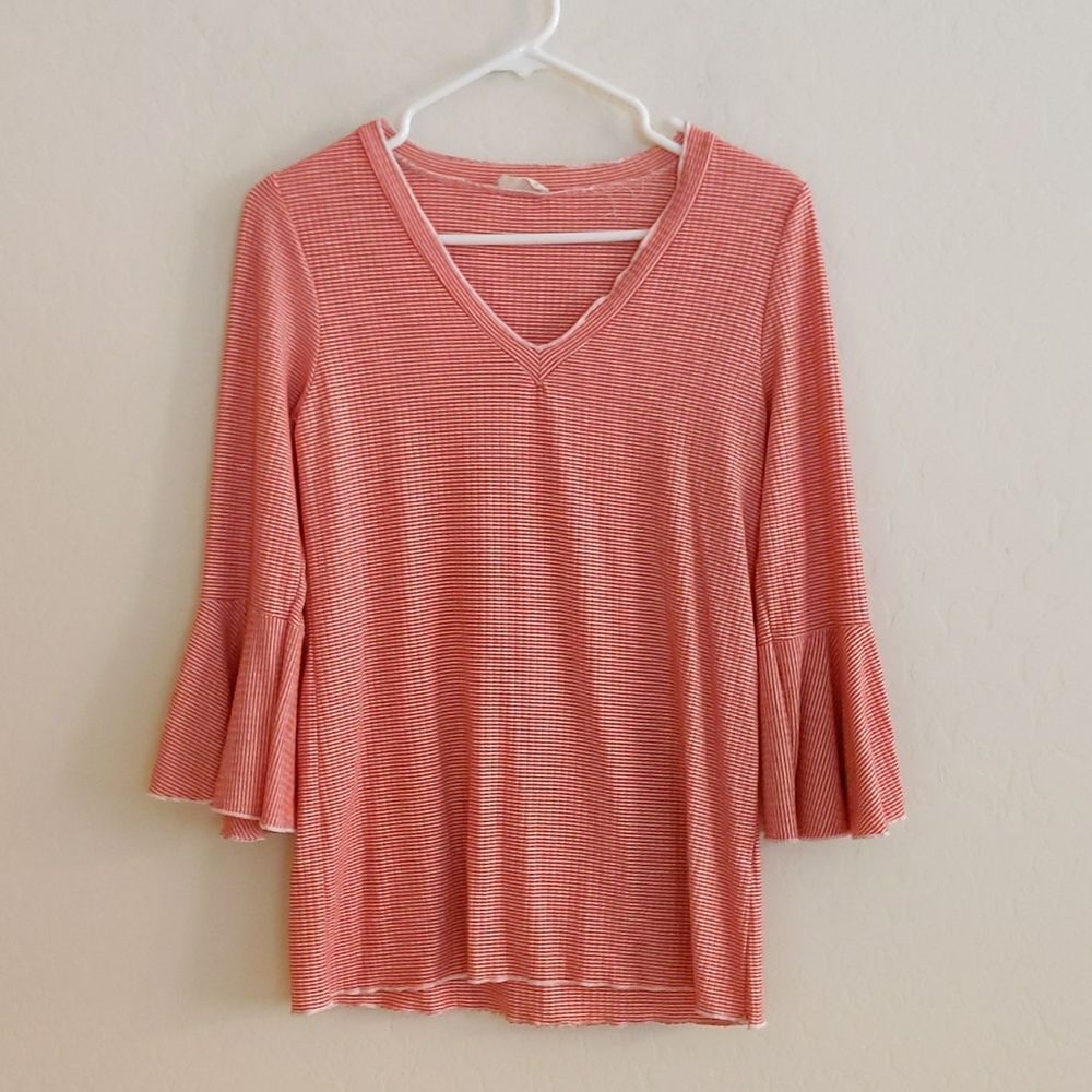 Hummingbird Orange White Striped Flute Sleeve Shirt - Size S